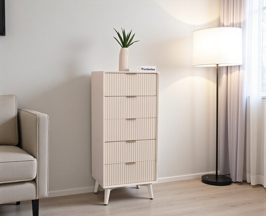 Bengaluru Solid Wood Tall Five Drawer Chest of Drawers - Sideboard - Furniselan - Frosty-White