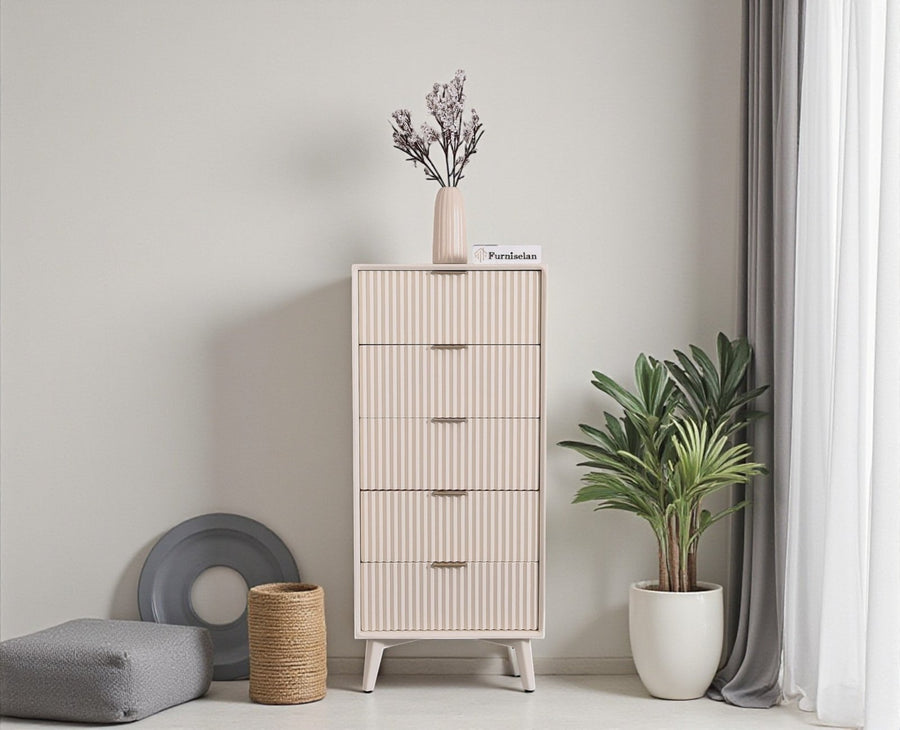Bengaluru Solid Wood Tall Five Drawer Chest of Drawers - Sideboard - Furniselan - Frosty-White
