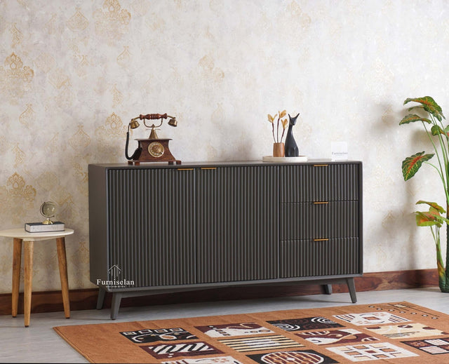 Bengaluru Solid Wood Two Door and Three Drawer Sideboard Cabinet - Sideboard - Furniselan Slate-Grey