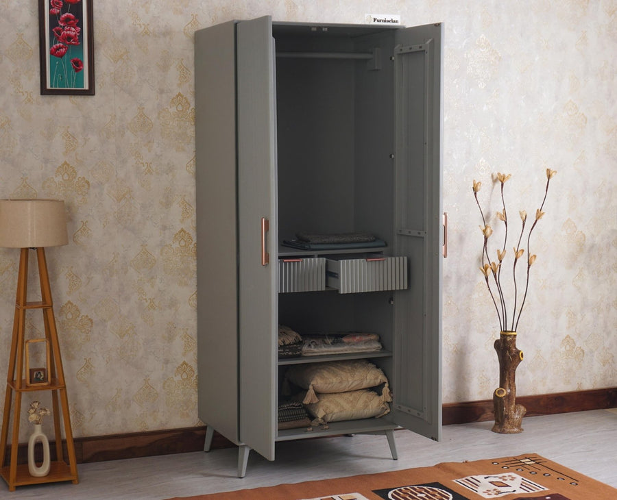 Bengaluru Solid Wood Two Door Wardrobe - Wardrobes & Cabinets - Furniselan - Cool Grey