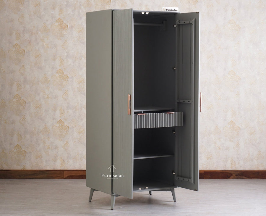 Bengaluru Solid Wood Two Door Wardrobe - Wardrobes & Cabinets - Furniselan - Cool Grey