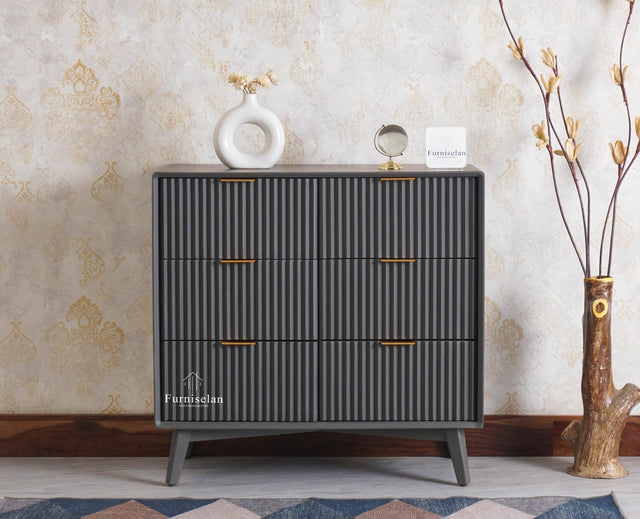 Bengaluru Solid Wood Wide Six Drawer Chest of Drawers - Sideboard - Furniselan Slate-Grey