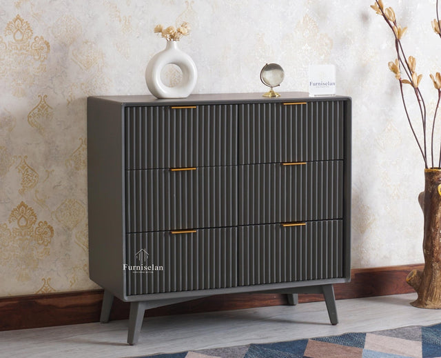 Bengaluru Solid Wood Wide Six Drawer Chest of Drawers - Sideboard - Furniselan Slate-Grey