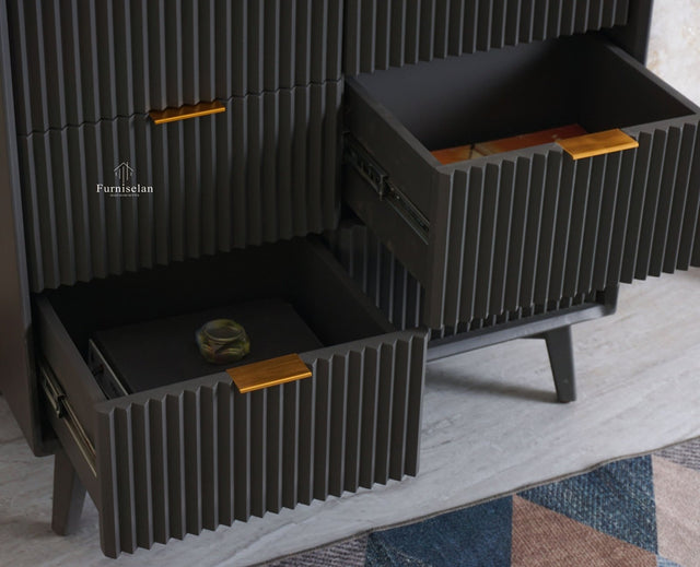 Bengaluru Solid Wood Wide Six Drawer Chest of Drawers - Sideboard - Furniselan Slate-Grey