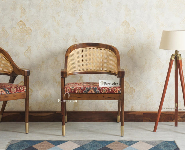 Boston Cardiff Solid Wood Rattan Arm Chair Furniselan 
Printed Fabric 