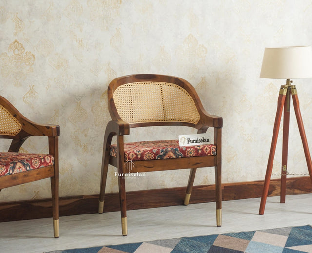 Boston Cardiff Solid Wood Rattan Arm Chair Furniselan 
Printed Fabric 
