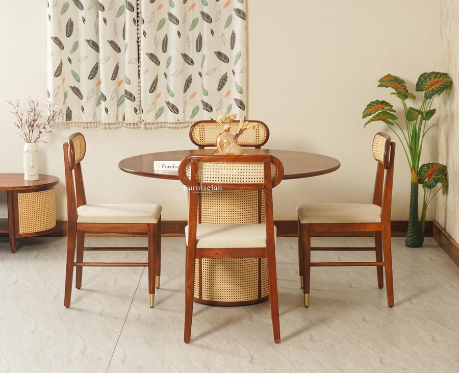 Boston Loop Solid Wood Round Four Seater Dining Set Furniselan Brown Finish