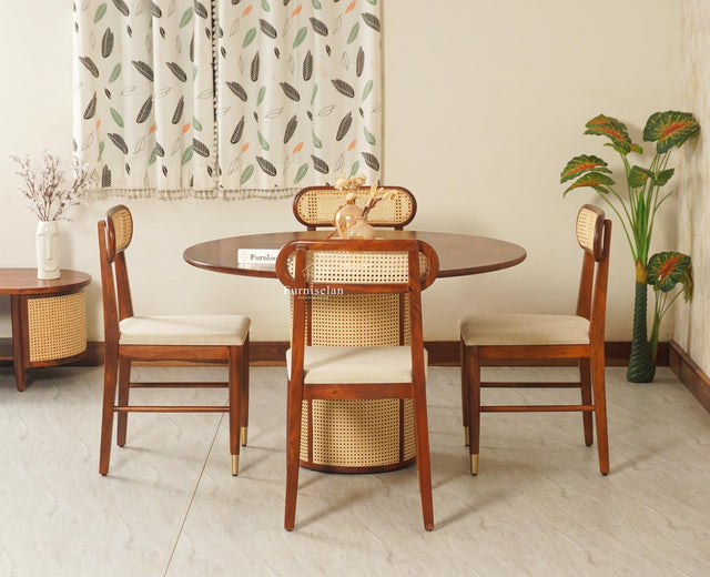 Boston Loop Solid Wood Round Four Seater Dining Set Furniselan Brown Finish