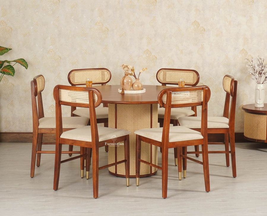 Boston Loop Solid Wood Round Six Seater Dining Set - Dining Set - Furniselan Brown Finish