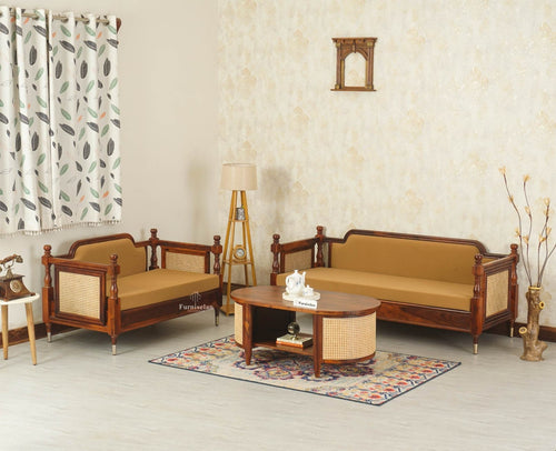 Boston Sheesham Wood Five Seater Sofa Set with Coffee Table Furniselan Brown Finish