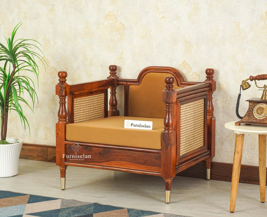 Boston Sheesham Wood Rattan Cane One Seater Sofa Furniselan Brown Finish
