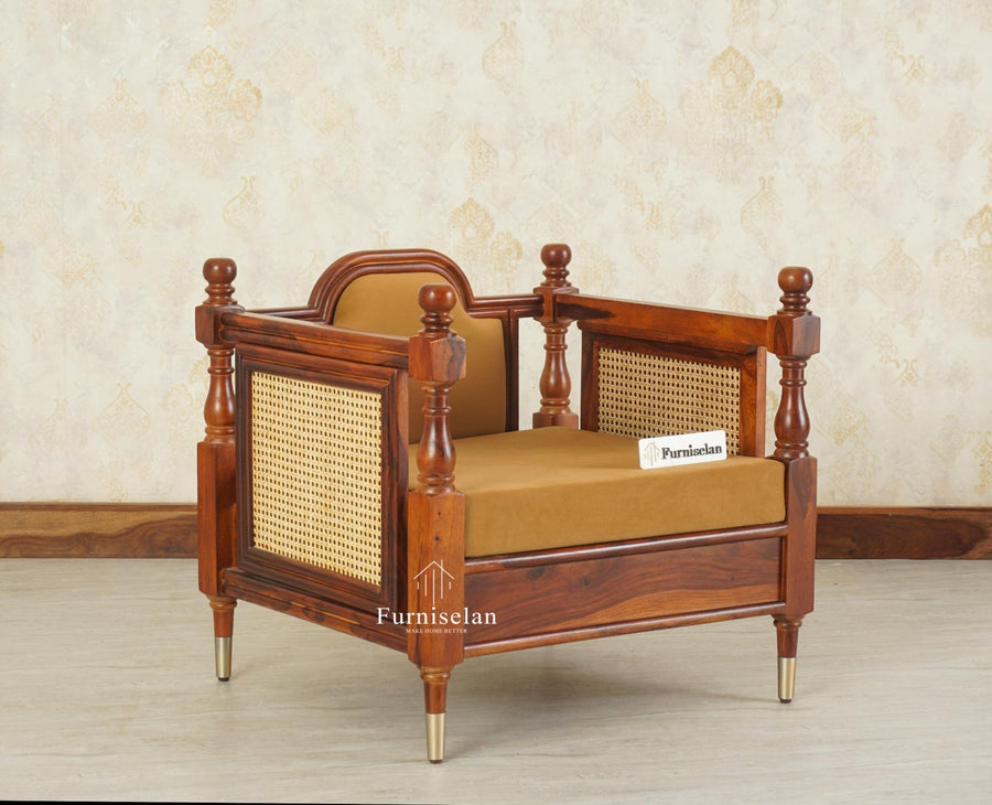 Boston Sheesham Wood Rattan Cane One Seater Sofa Furniselan Brown Finish