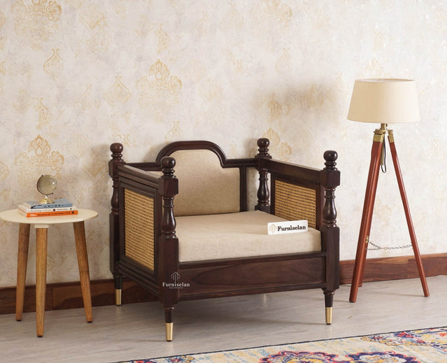 Boston Sheesham Wood Rattan Cane One Seater Sofa - Three Seater Sofa - Furniselan Grey-Finish