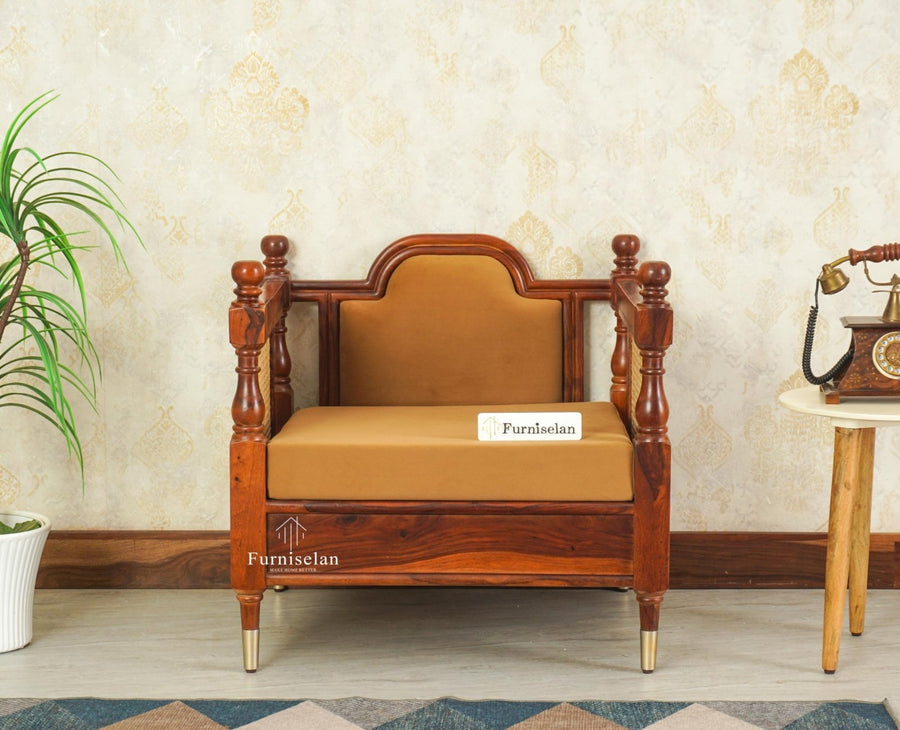 Boston Sheesham Wood Rattan Cane One Seater Sofa Furniselan Brown Finish