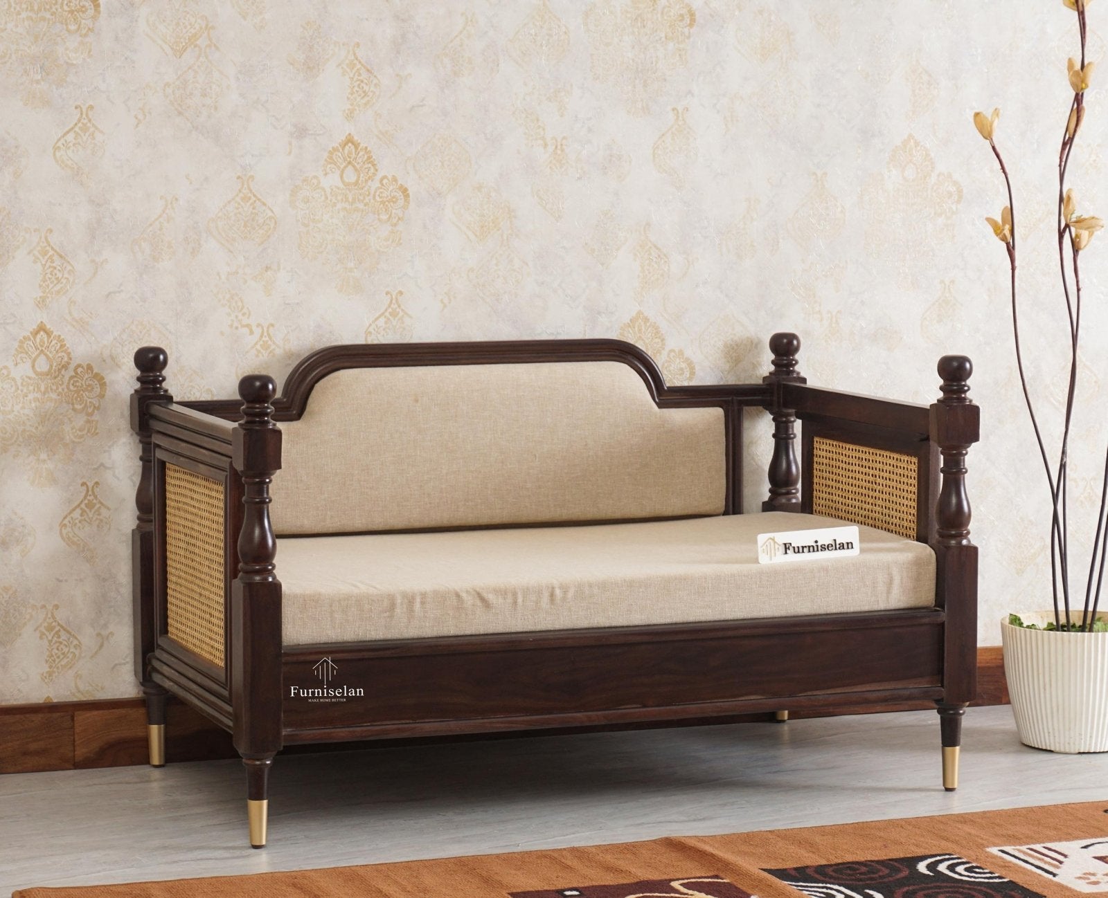 Boston Sheesham Wood Rattan Cane Two Seater Sofa - Three Seater Sofa - Furniselan Grey-Finish