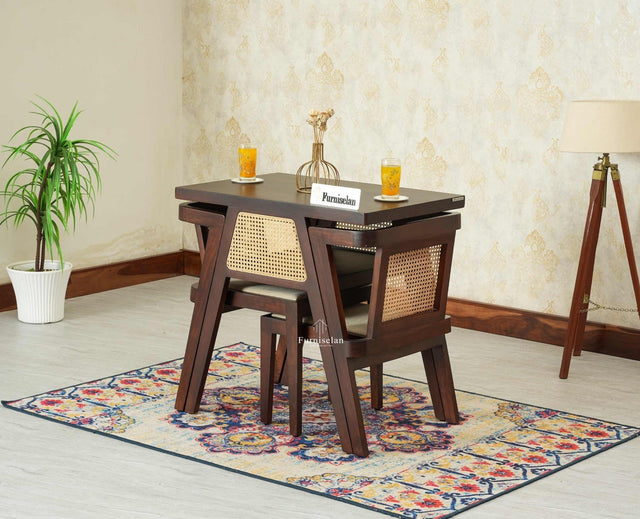 SmartFit Compact Solid Wood Rattan Cane Dining Set Two Seater - Dining Set - Furniselan Grey Finish