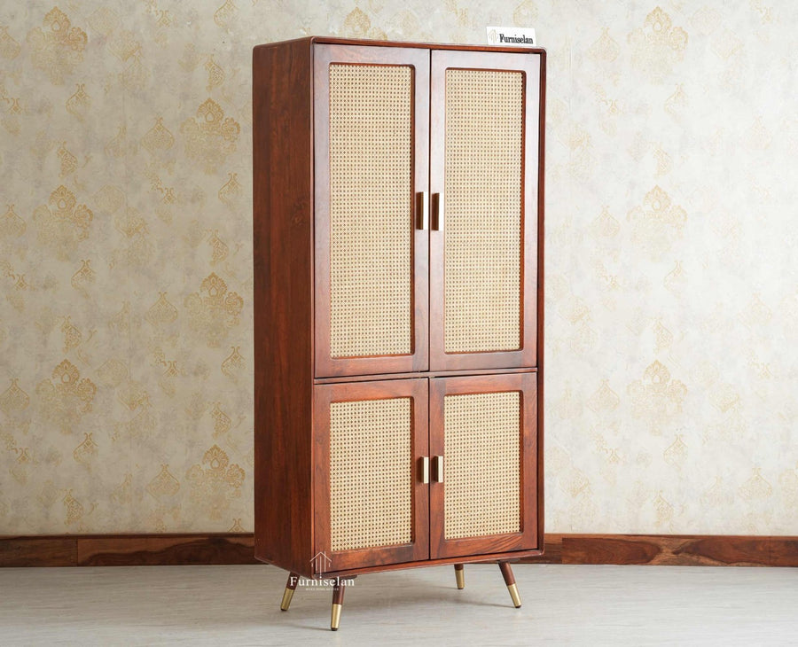 Boston Solid Mango Wood 4 Door Crockery Cabinet | Modern Kitchen Storage Unit Furniselan Brown Finish