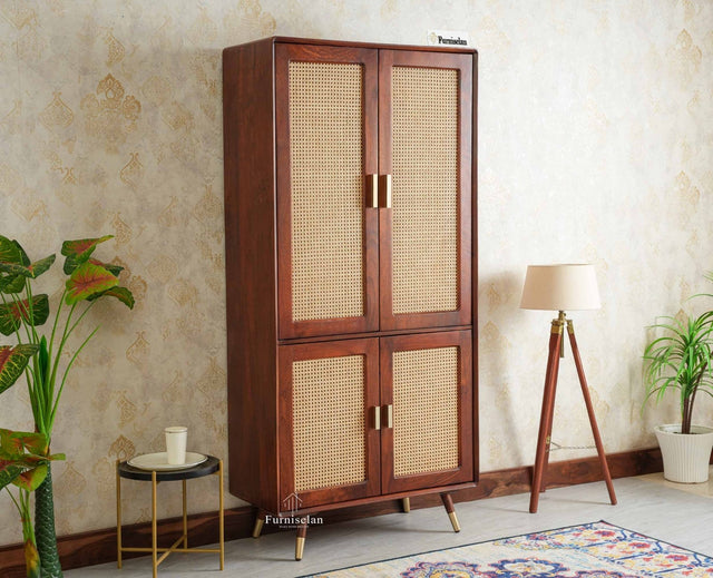 Boston Solid Mango Wood 4 Door Crockery Cabinet | Modern Kitchen Storage Unit Furniselan Brown Finish