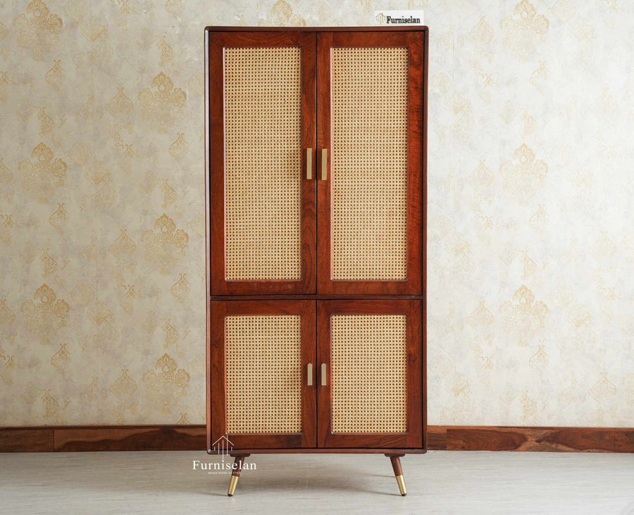 Boston Solid Mango Wood 4 Door Crockery Cabinet | Modern Kitchen Storage Unit Furniselan Brown Finish