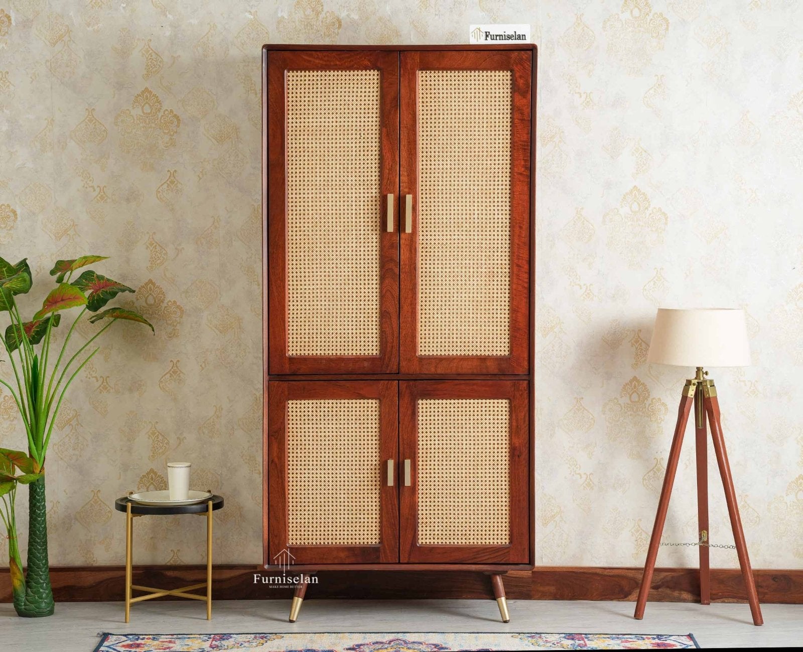 Boston Solid Mango Wood 4 Door Crockery Cabinet | Modern Kitchen Storage Unit Furniselan Brown Finish