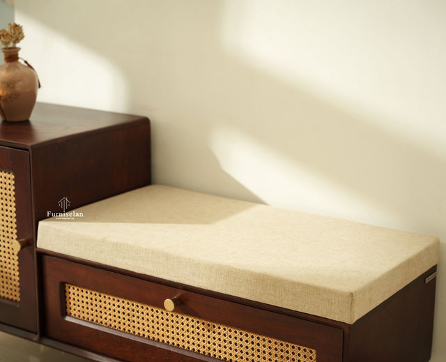 Boston Solid Wood Cane Shoe Storage Bench for Entryway Grey Finish