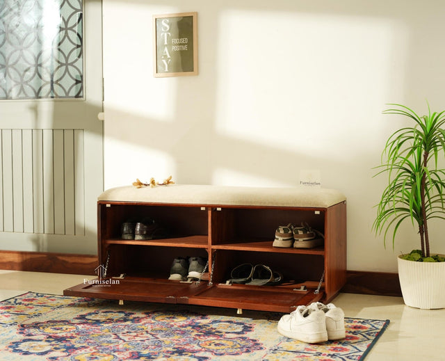 Boston Solid Wood Flip Door Shoe Storage Bench Brown Finish