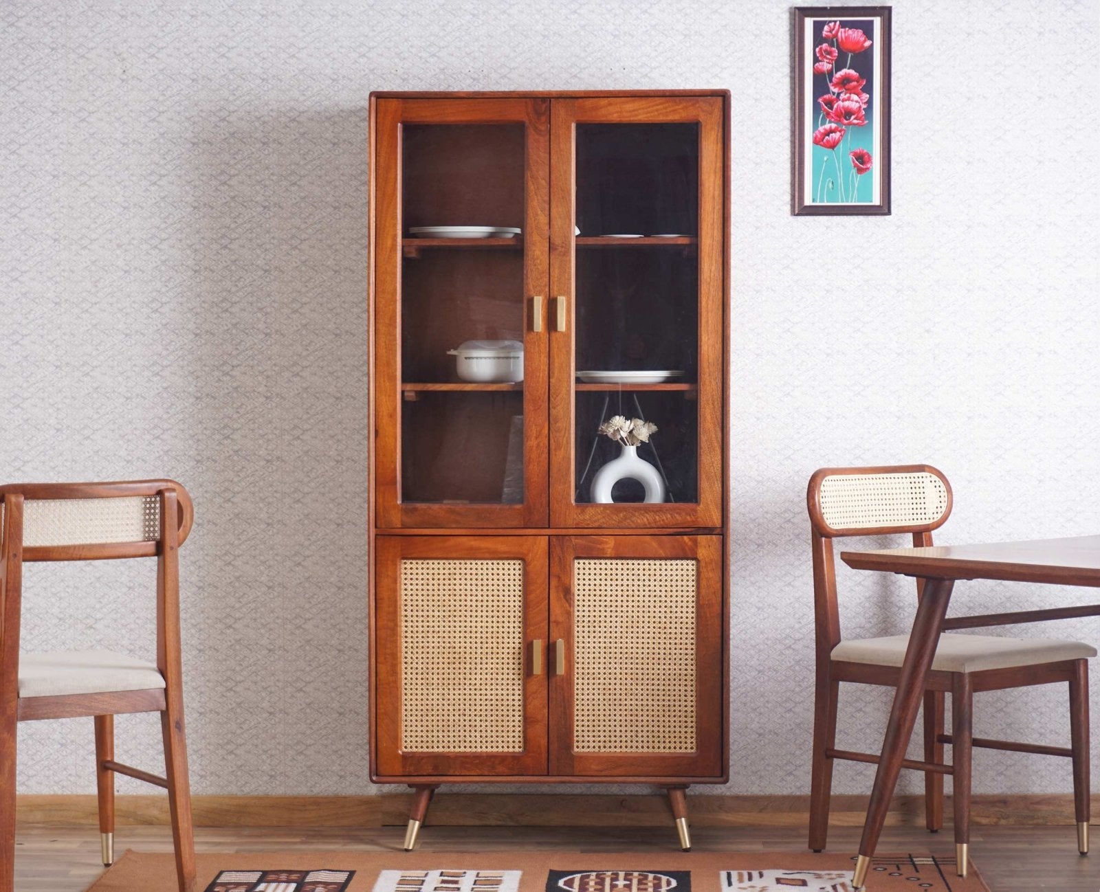 Boston Solid Wood Four Door Crockery Unit Kitchen Cabinet Furniselan Brown-Finish