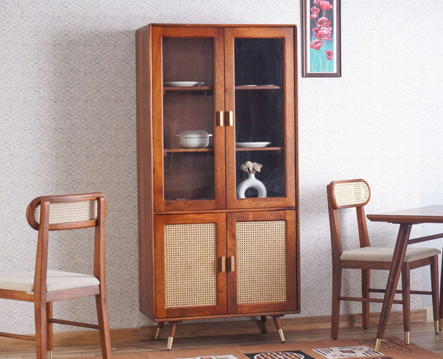 Boston Solid Wood Four Door Crockery Unit Kitchen Cabinet Furniselan Brown-Finish