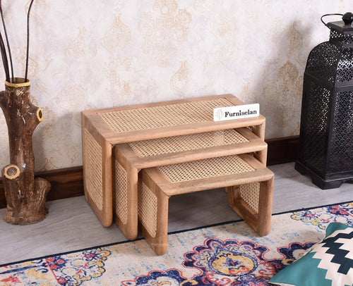 Boston Solid Wood Multipurpose Nesting Table Set of Three - Stools - Furniselan Natural Finish