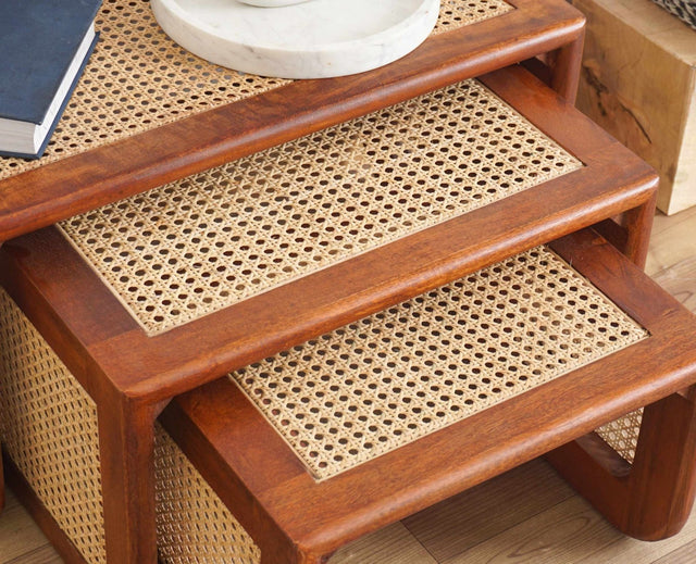 Boston Solid Wood Multipurpose Nesting Table Set of Three Furniselan Brown-Finish
