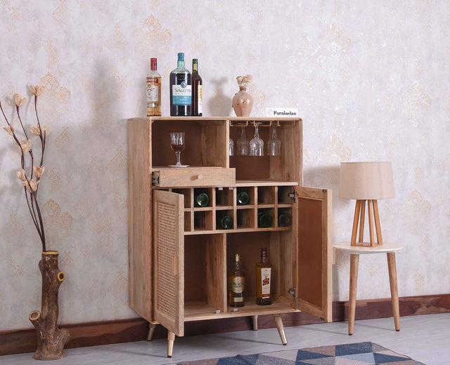 Boston Solid Wood Rattan Cane Bar Cabinet with Glass Holder Storage - Bar Cabinet - Furniselan Natural-Finish
