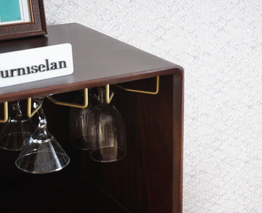 Boston Solid Wood Rattan Cane Bar Cabinet with Glass Holder Storage Furniselan Grey-Finish