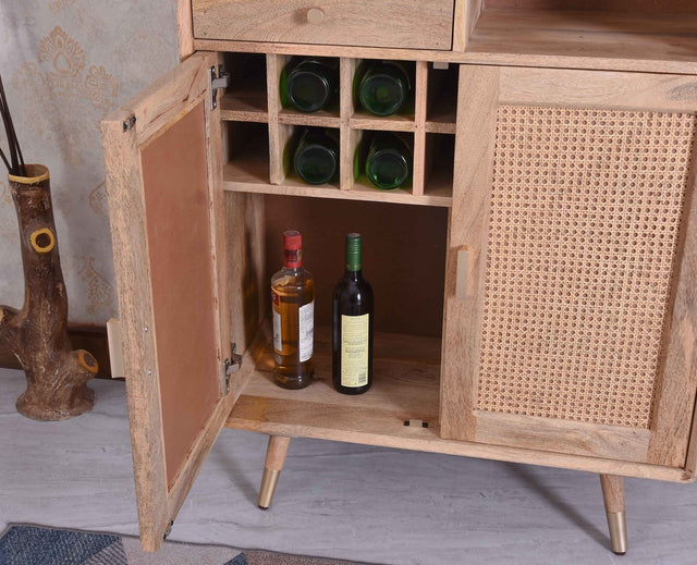 Boston Solid Wood Rattan Cane Bar Cabinet with Glass Holder Storage - Bar Cabinet - Furniselan Natural-Finish