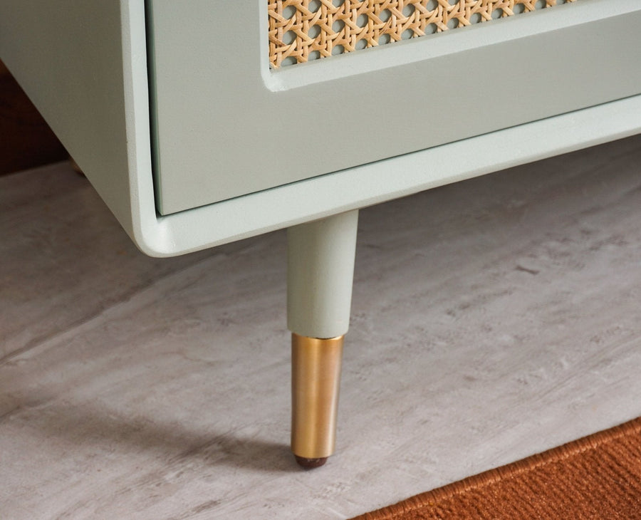 Boston Solid Wood Rattan Cane Bar Cabinet with Glass Holder Storage Furniselan Silt-Green