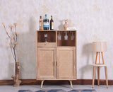 Boston Solid Wood Rattan Cane Bar Cabinet with Glass Holder Storage - Bar Cabinet - Furniselan Natural-Finish