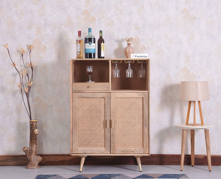 Boston Solid Wood Rattan Cane Bar Cabinet with Glass Holder Storage - Bar Cabinet - Furniselan Natural-Finish