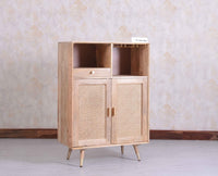 Boston Solid Wood Rattan Cane Bar Cabinet with Glass Holder Storage - Bar Cabinet - Furniselan Natural-Finish