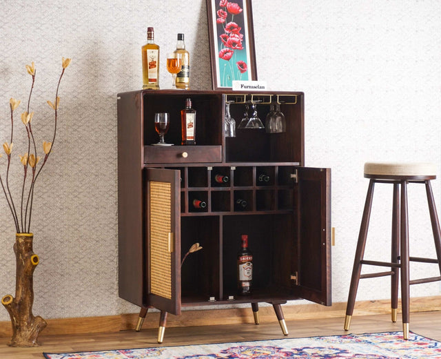 Boston Solid Wood Rattan Cane Bar Cabinet with Glass Holder Storage Furniselan Grey-Finish