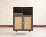 Boston Solid Wood Rattan Cane Bar Cabinet with Glass Holder Storage Furniselan Slate-Grey