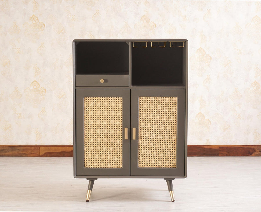 Boston Solid Wood Rattan Cane Bar Cabinet with Glass Holder Storage Furniselan Slate-Grey