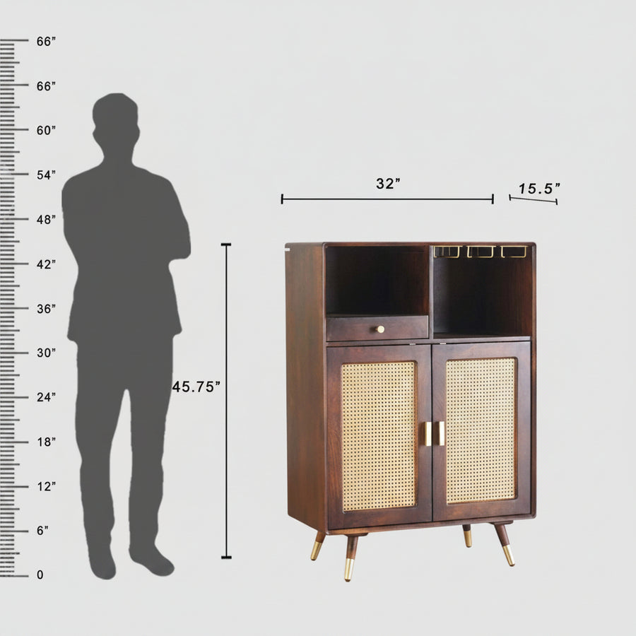 Boston Solid Wood Rattan Cane Bar Cabinet with Glass Holder Storage Furniselan Grey-Finish