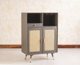 Boston Solid Wood Rattan Cane Bar Cabinet with Glass Holder Storage Furniselan Slate-Grey