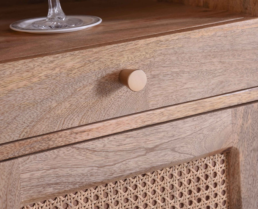 Boston Solid Wood Rattan Cane Bar Cabinet with Glass Holder Storage - Bar Cabinet - Furniselan Natural-Finish