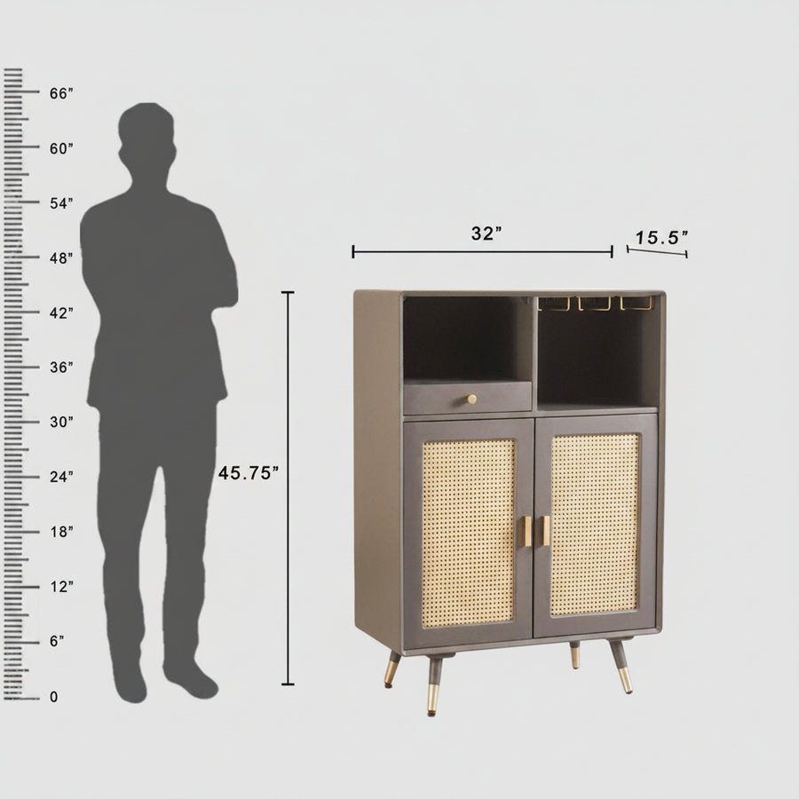 Boston Solid Wood Rattan Cane Bar Cabinet with Glass Holder Storage Furniselan Slate-Grey