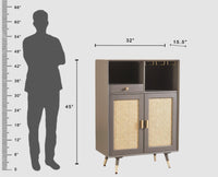 Boston Solid Wood Rattan Cane Bar Cabinet with Glass Holder Storage Furniselan Slate-Grey
