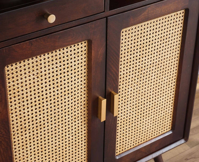 Boston Solid Wood Rattan Cane Bar Cabinet with Glass Holder Storage Furniselan Grey-Finish