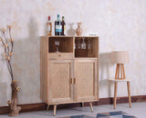 Boston Solid Wood Rattan Cane Bar Cabinet with Glass Holder Storage - Bar Cabinet - Furniselan Natural-Finish