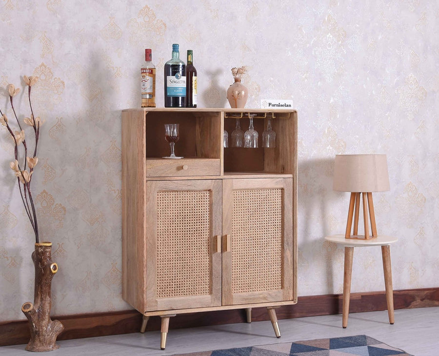 Boston Solid Wood Rattan Cane Bar Cabinet with Glass Holder Storage - Bar Cabinet - Furniselan Natural-Finish