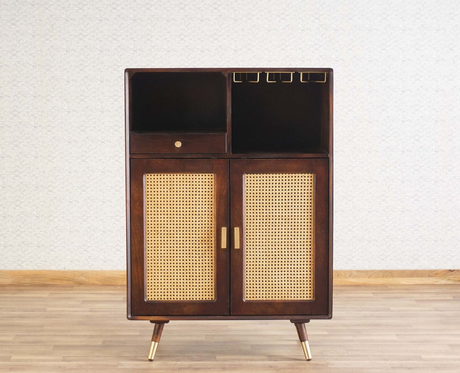 Boston Solid Wood Rattan Cane Bar Cabinet with Glass Holder Storage Furniselan Grey-Finish