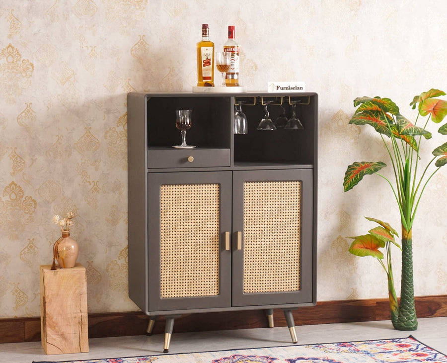 Boston Solid Wood Rattan Cane Bar Cabinet with Glass Holder Storage Furniselan Slate-Grey